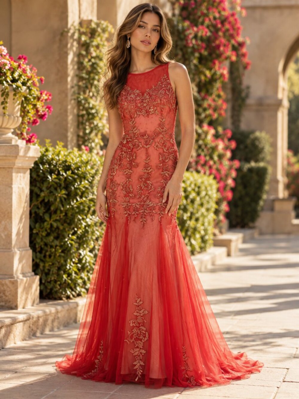 Red Gold Floral Applique Mermaid Evening Prom Gown Dress